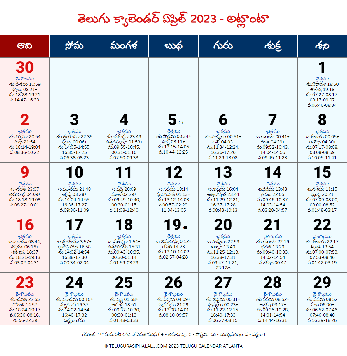Telugu Calendar April 2023 Atlanta