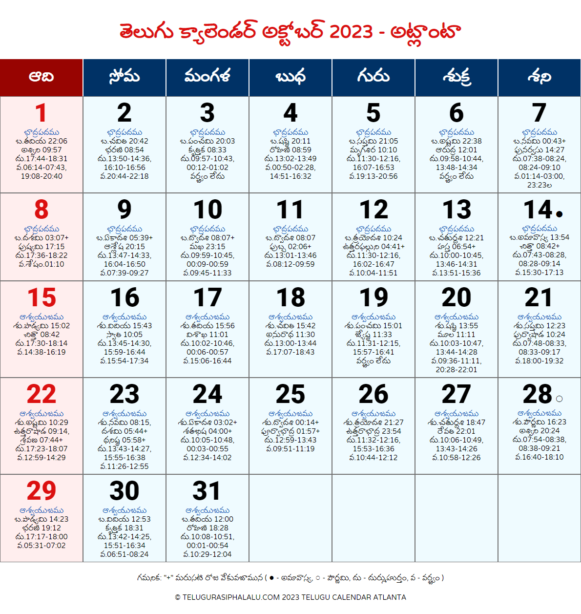 Telugu Calendar October 2023 Atlanta