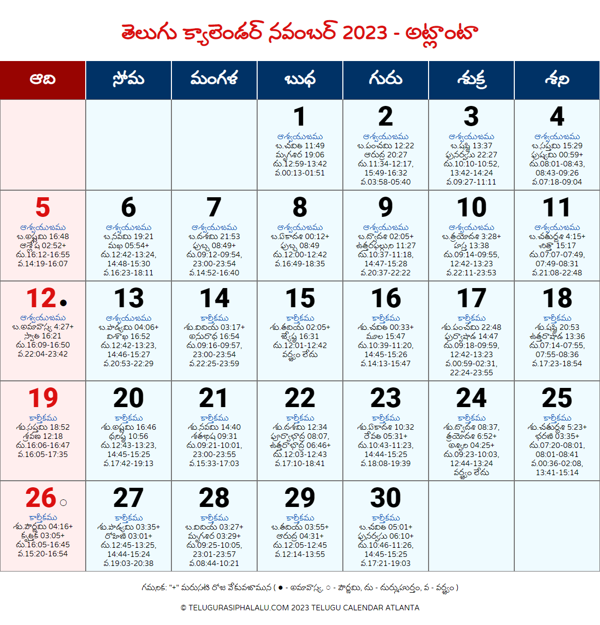 Telugu Calendar November 2023 Atlanta