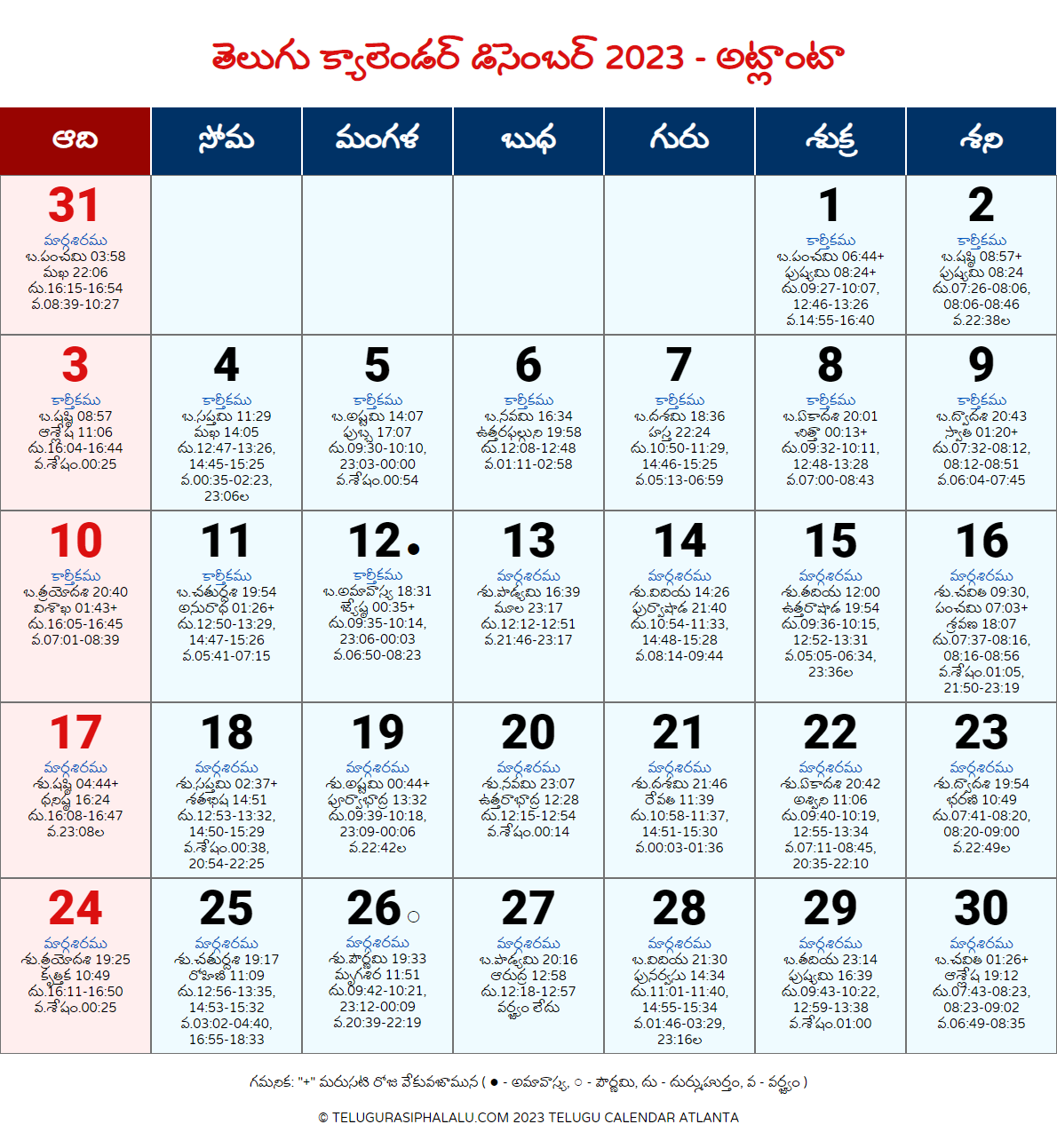 Telugu Calendar December 2023 Atlanta