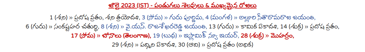 Telugu Festivals July 2023